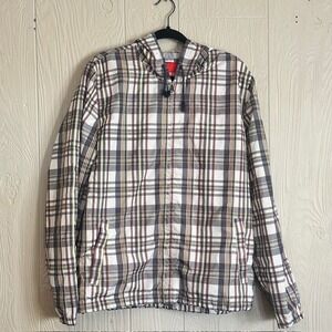 IZOD Mens Plaid Hooded Windbreaker Jacket Grey Burgundy Yellow Size Large